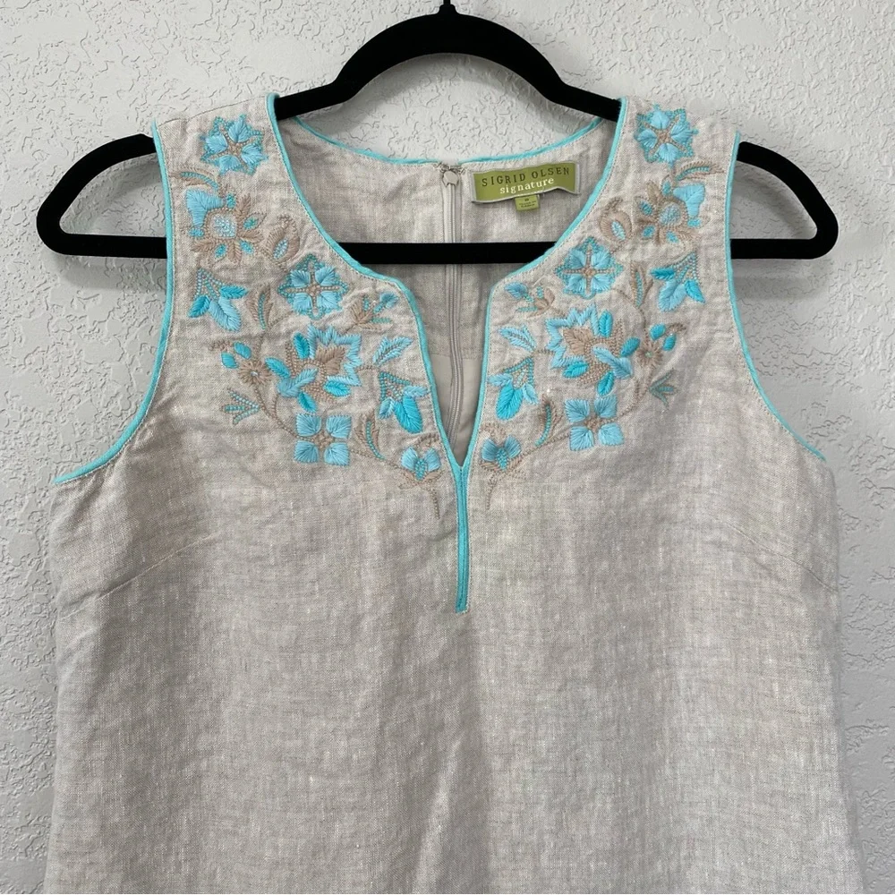 SIGRID OLSEN Signature Women's SZ 8 Linen Beige Embroidered Sheath Dress Career - Picture 2 of 7